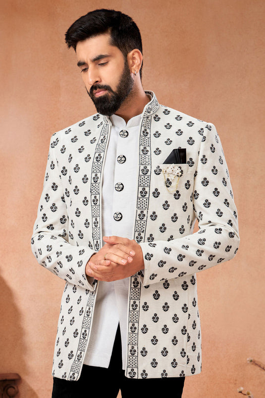 White Color Wedding Wear Velvet Fabric Designer Readymade Jodhpuri Jacket For Men