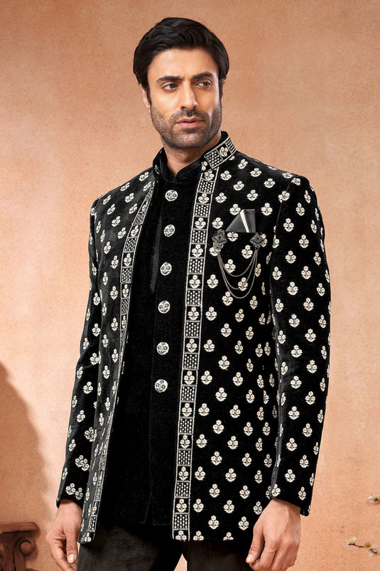 Black Color Wedding Wear Velvet Fabric Designer Readymade Jodhpuri Jacket For Men