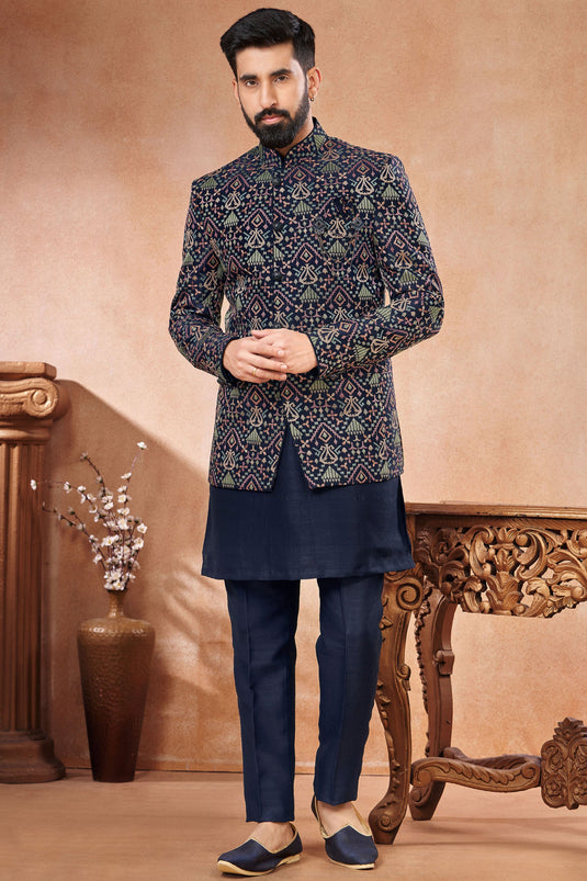 Embroidery Work Navy Blue Color Banarasi Silk Fabric Wedding Wear Readymade Indo Western Jodhpuri Suit