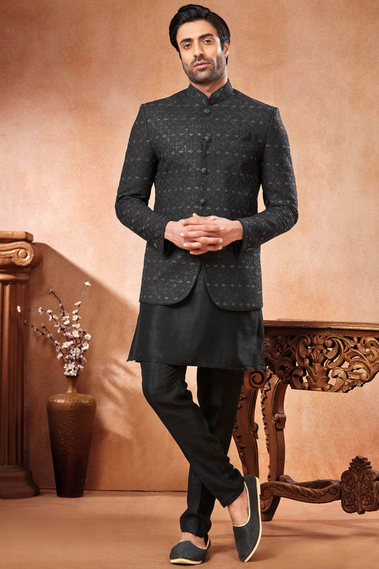 Banarasi Silk Black Color Wedding Wear Embroidery Work Readymade Designer Men Indo Western Jodhpuri Suit