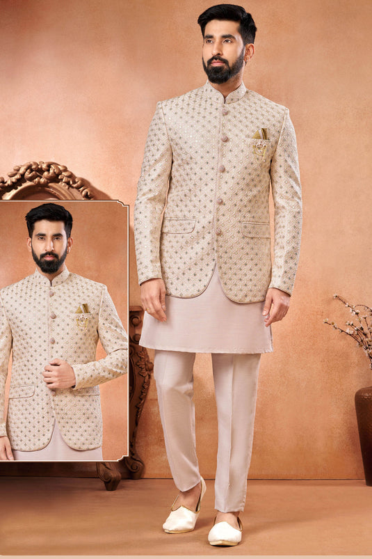 Light Pink Embroidery Work Gorgeous Banarasi Silk Fabric Wedding Wear Readymade Indo Western Jodhpuri Suit For Men