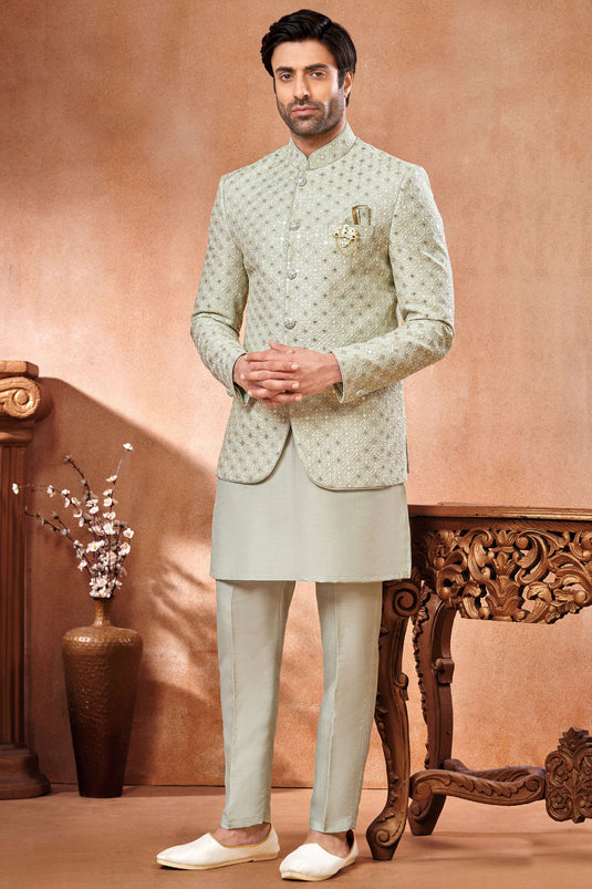 Banarasi Silk Stunning Embroidery Work Light Grey Color Wedding Wear Readymade Men Indo Western Jodhpuri Suit