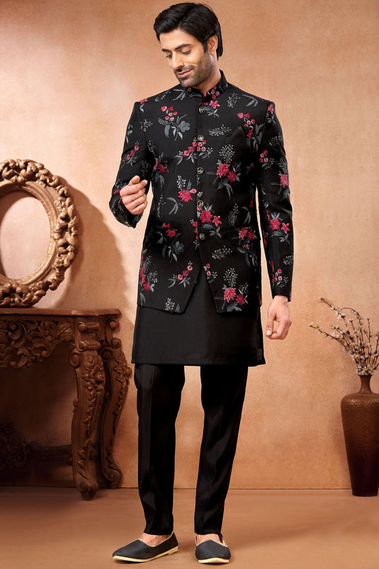 Banarasi Silk Black Festive Wear Readymade Lovely Embroidery Work Indo Western Jodhpuri Suit For Men