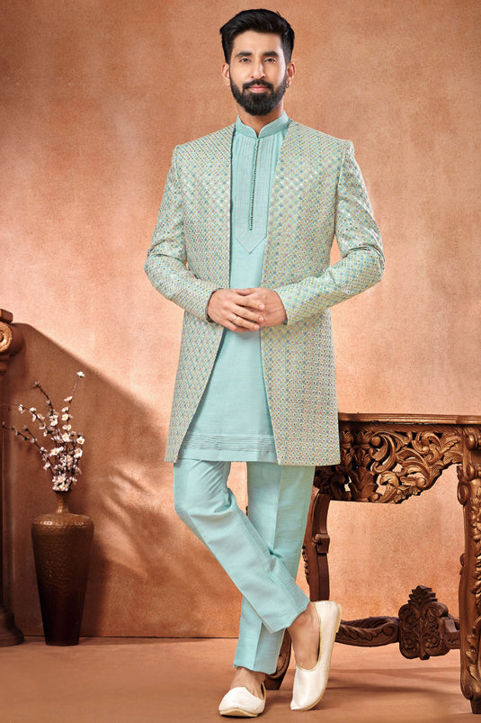 Banarasi Silk Light Cyan Wedding Wear Attractive Embroidery Work Readymade Men Indo Western Jodhpuri Suit