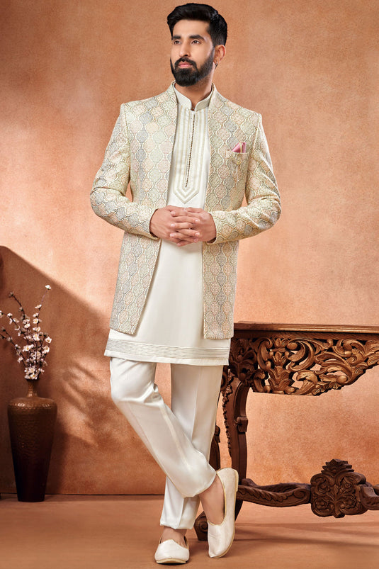 White Color Wedding Wear Banarasi Silk Fabric Embroidery Work Designer Readymade Indo Western Jodhpuri Suit For Men
