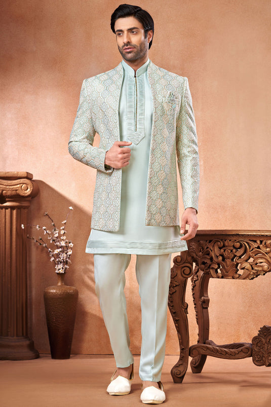Embroidery Work Appealing Light Cyan Color Banarasi Silk Fabric Wedding Wear Readymade Indo Western Jodhpuri Suit For Men