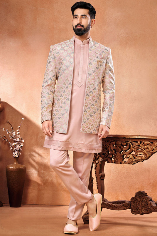 Pink Color Embroidery Work Engaging Banarasi Silk Fabric Festive Wear Readymade Indo Western Jodhpuri Suit For Men