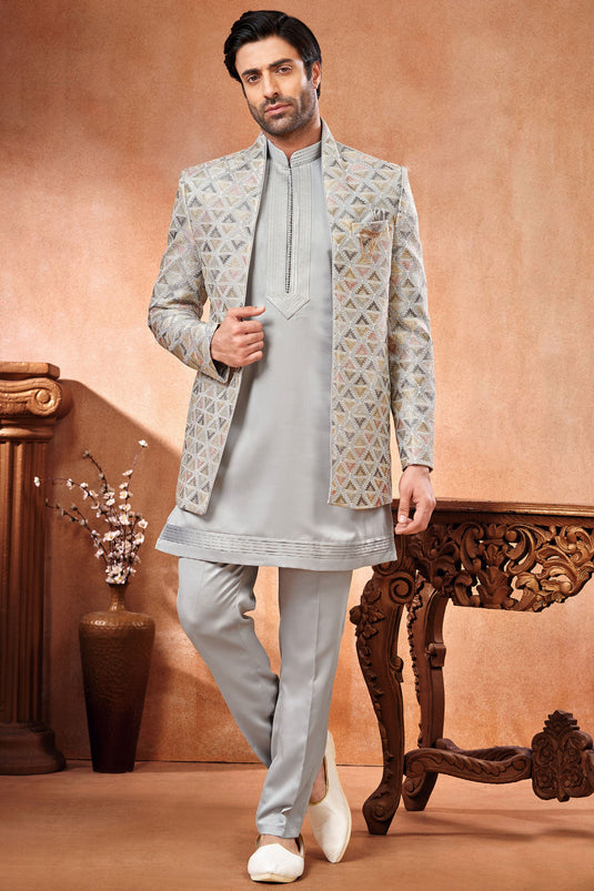 Grey Cotton Traditional Wear Embroidery Work Dress Material