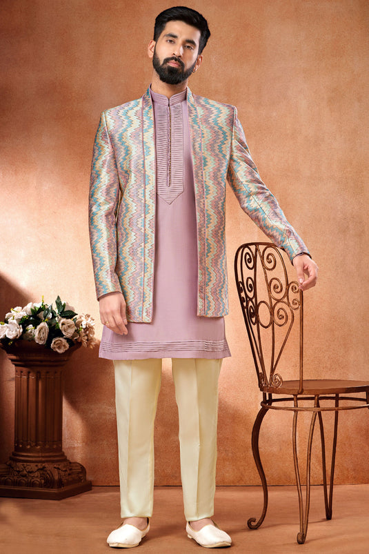 Lavender Color Embroidery Work Banarasi Silk Fabric Wedding Wear Striking Readymade Indo Western Jodhpuri Suit For Men
