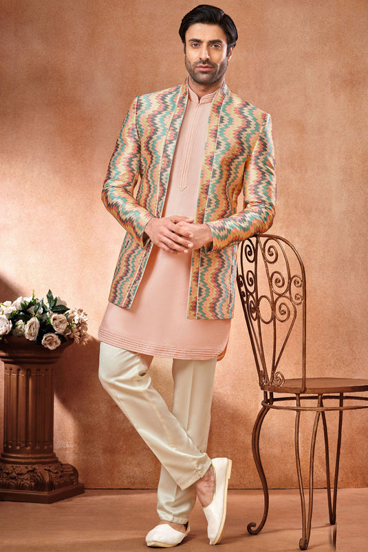 Peach Stunning Banarasi Silk Fabric Embroidery Work Wedding Wear Readymade Indo Western Jodhpuri Suit For Men