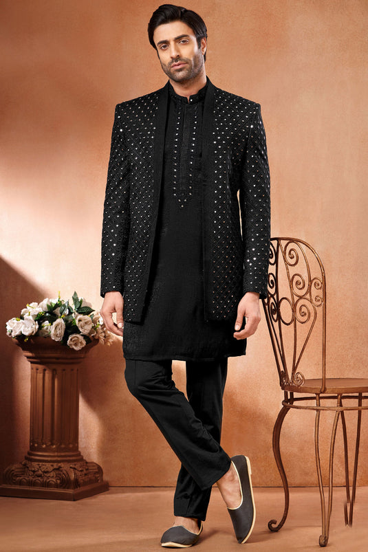 Velvet Embroidery Work Black Color Wedding Wear Pretty Readymade Indo Western Jodhpuri Suit For Men
