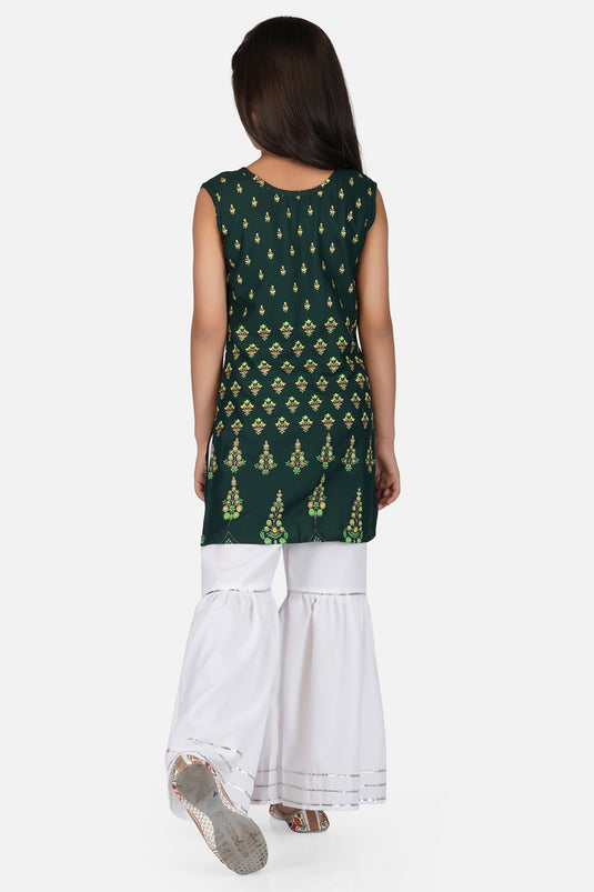 Cotton Fabric Printed Dark Green Color Readymade Kids Kurti With Palazzo Style Bottom