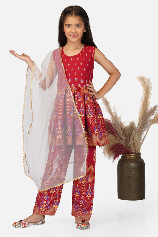 Maroon Cotton Fabric Function Wear Printed Readymade Kids Salwar Suit