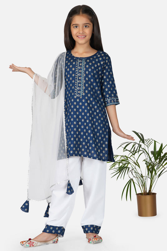 Blue Color Cotton Fabric Printed Readymade Kids Salwar Kameez