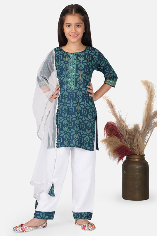 Cotton Fabric Printed Teal Color Readymade Kids Salwar Suit