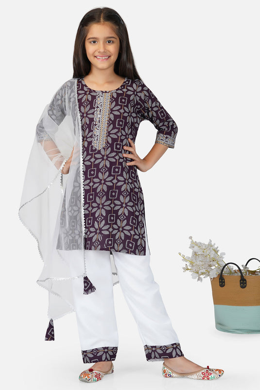 Wine Cotton Fabric Fancy Printed Readymade Kids Salwar Suit
