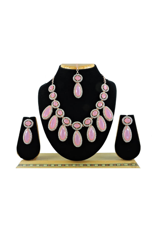 Pink Stone Necklace Set With Earrings