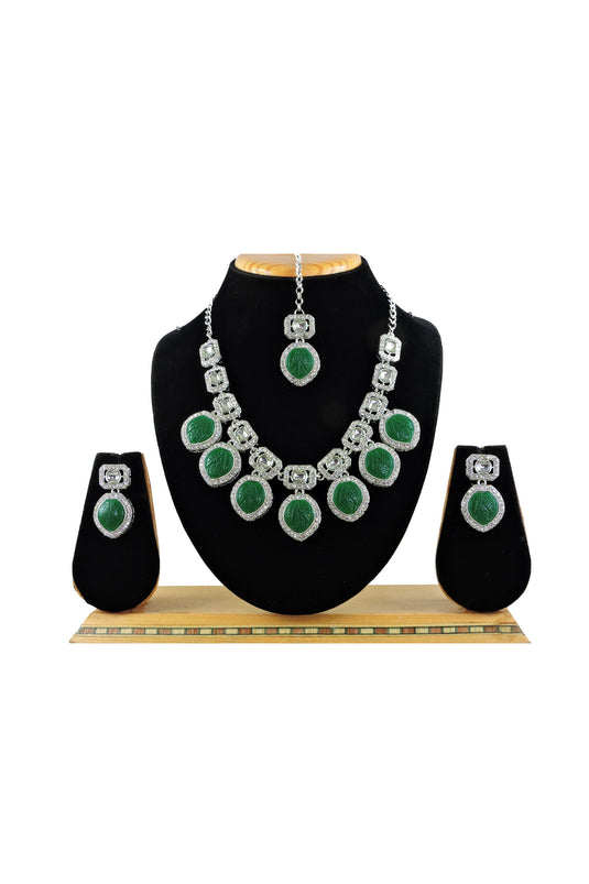 Green Color Alloy Material Stone Work Stylish Necklace Set With Earrings And Mang Tikka