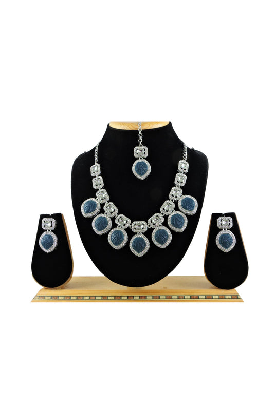 Navy Blue Alloy Material Stone Necklace Set With Earrings