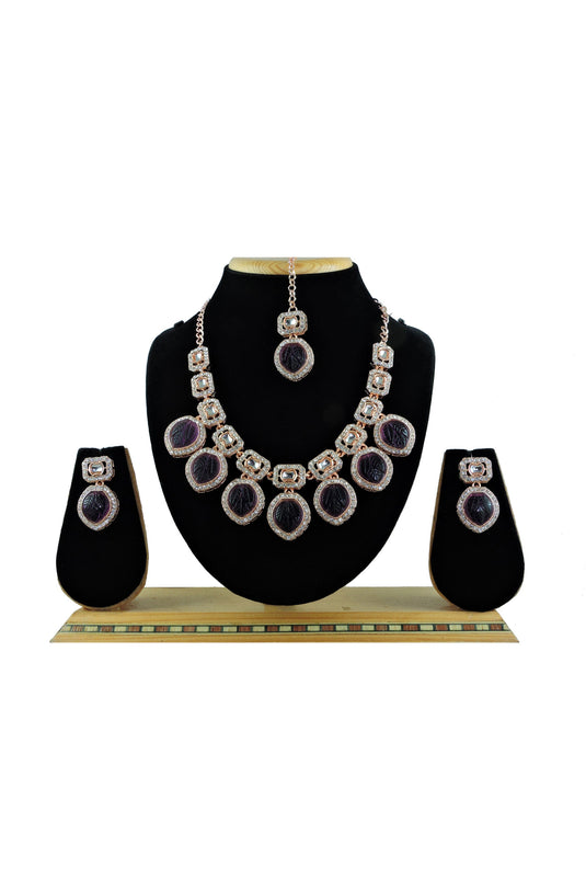 Alloy Material Purple Stone Necklace Set With Earrings