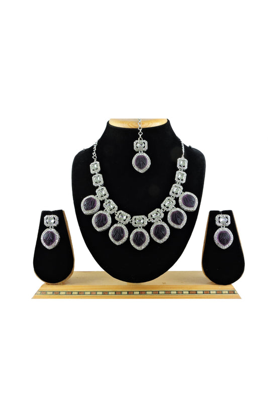 Traditional Purple Necklace Jewellery Set With Earrings For Women