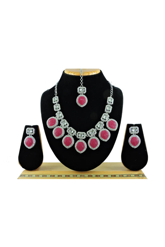 Pretty Rani Stone Alloy Material Necklace Set With Earrings And Mang Tikka For Girls And Women