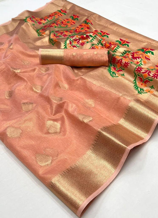 Peach Color Tissue Fabric Special Saree With Weaving Work