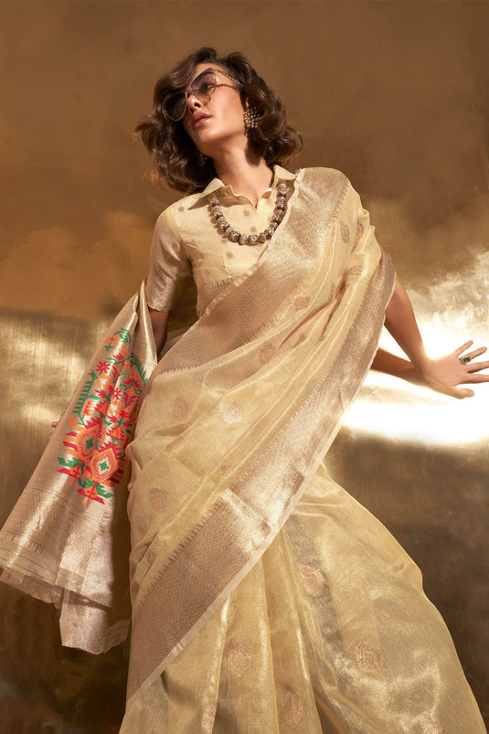 Tissue Fabric Beige Color Pleasance Saree With Weaving Work