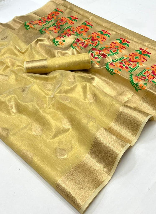 Tissue Fabric Beige Color Pleasance Saree With Weaving Work
