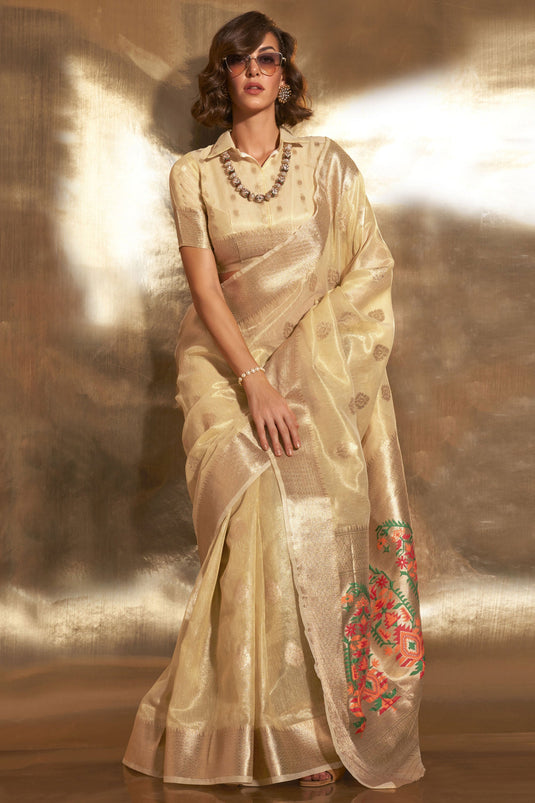 Tissue Fabric Beige Color Pleasance Saree With Weaving Work