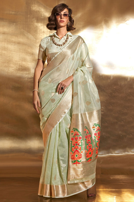 Sea Green Color Tissue Fabric Coveted Saree With Weaving Work
