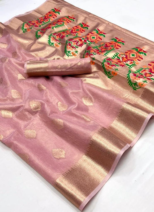 Tissue Fabric Pink Color Riveting Saree With Weaving Work