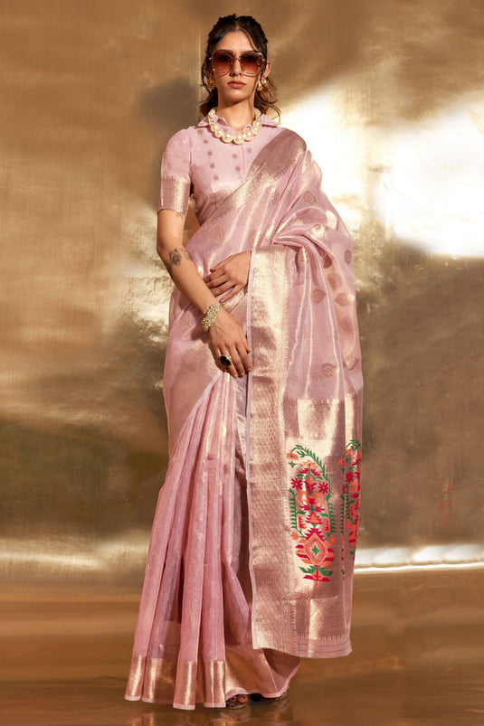 Tissue Fabric Pink Color Riveting Saree With Weaving Work