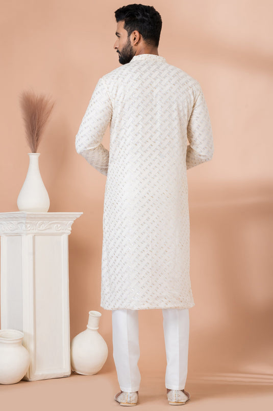 Beautiful Sequins Embroidery White Color Wedding Wear Readymade Kurta Pyjama For Men In Georgette Fabric
