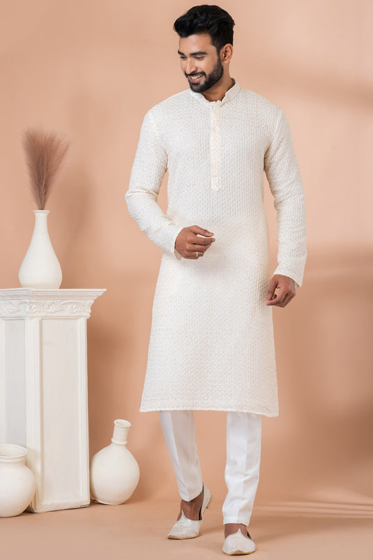 Reception Wear Attractive Sequins Embroidery Readymade Men Kurta Pyjama In White Color