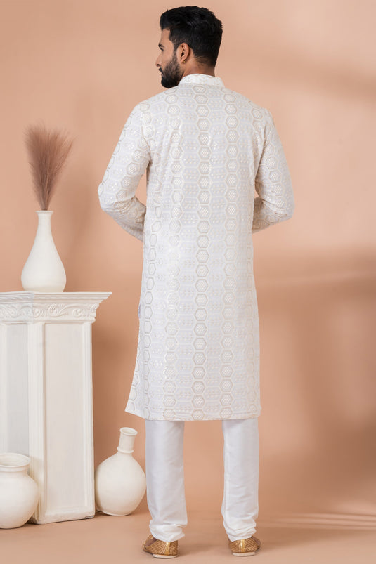 Sequins Embroidery White Georgette Graceful Readymade Men Kurta Pyjama For Festive Wear