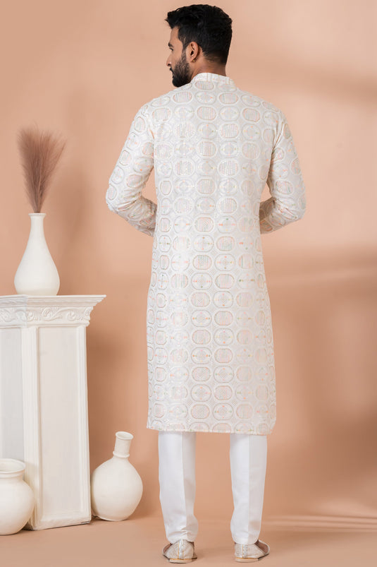 Georgette Sequins Embroidery White Magnificent Readymade Men Kurta Pyjama For Sangeet Wear