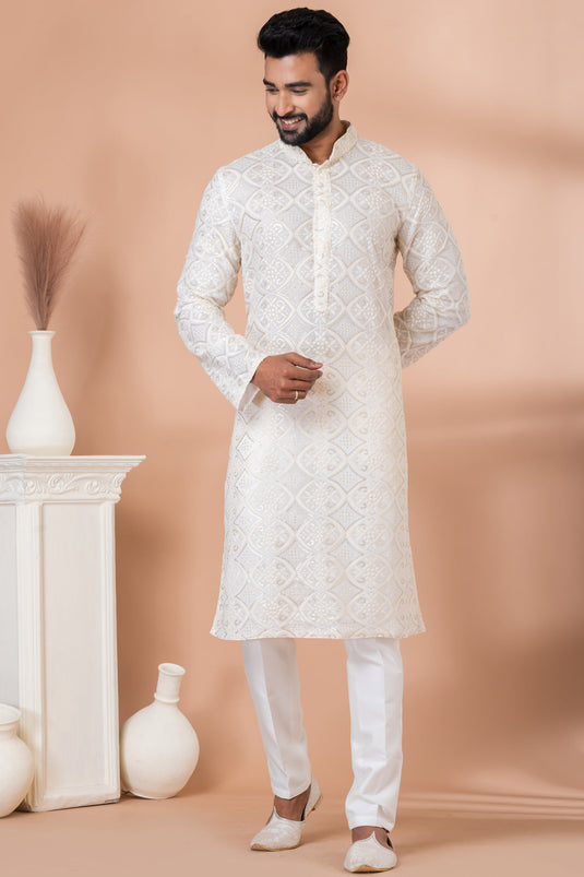 White Color Georgette Fabric Sequins Embroidery Work Wedding Function Readymade Designer Kurta Pyjama Set For Men