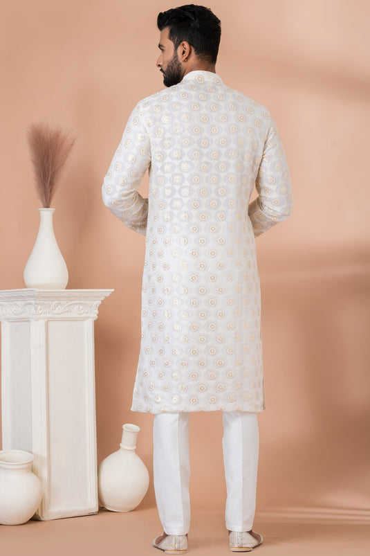 Sequins Embroidery White Color Reception Wear Readymade Georgette Fabric Kurta Pyjama For Men