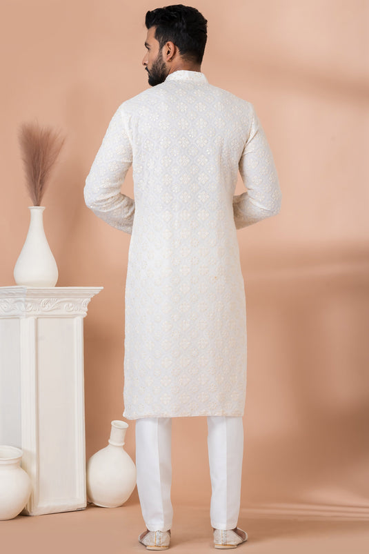 Georgette Fabric Sequins Embroidery Function Wear Readymade White Color Kurta Pyjama For Men