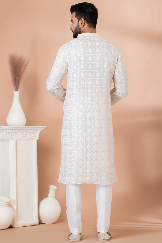 Festive Wear Sequins Embroidery Readymade Kurta Pyjama For Men In White Georgette Fabric