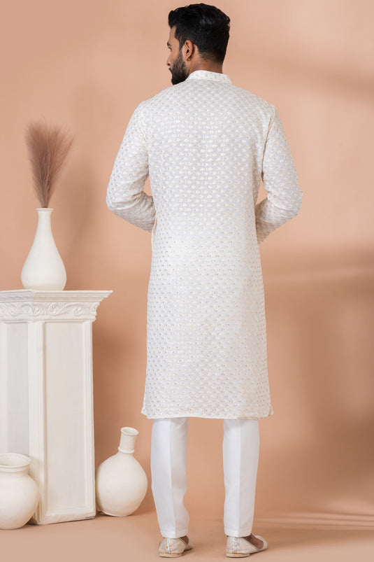 Sequins Embroidery Sangeet Wear Readymade Kurta Pyjama For Men In Georgette White Color