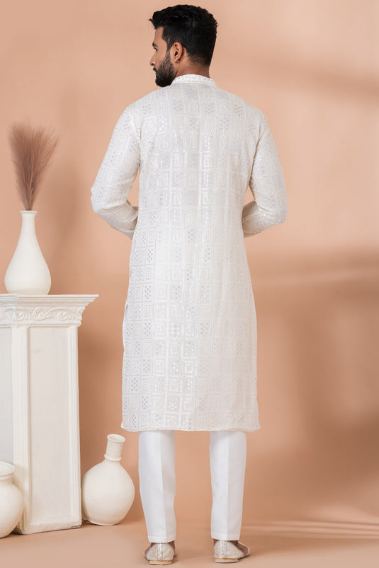 White Color Sequins Embroidery Georgette Fabric Function Wear Fancy Readymade Kurta Pyjama For Men