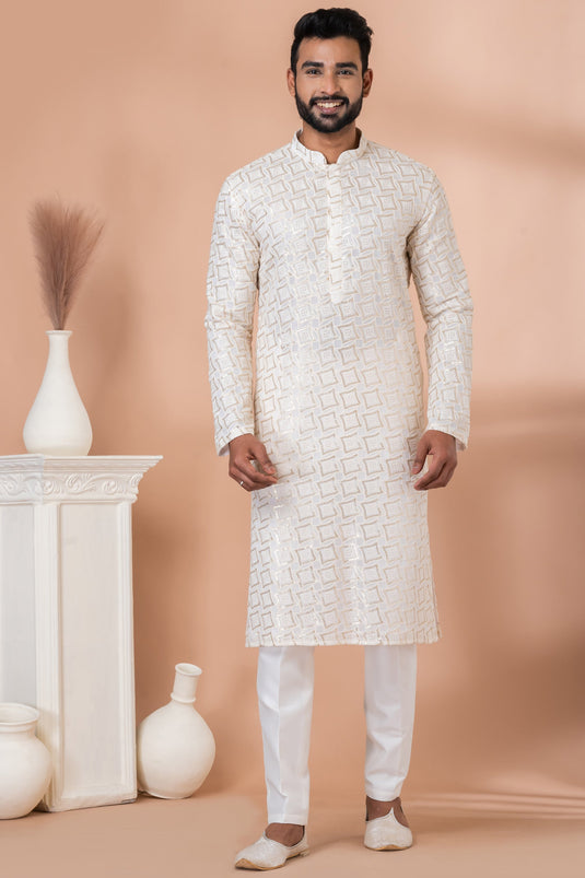 Georgette Fabric White Color Sequins Embroidery Festive Wear Trendy Readymade Men Kurta Pyjama