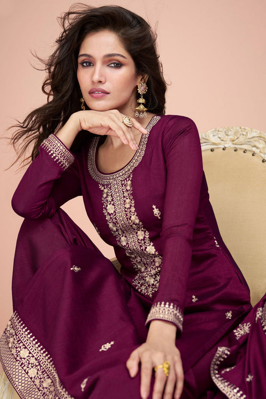 Vartika Singh Excellent Art Silk Fabric Wine Color Palazzo Suits With Embroidered Work