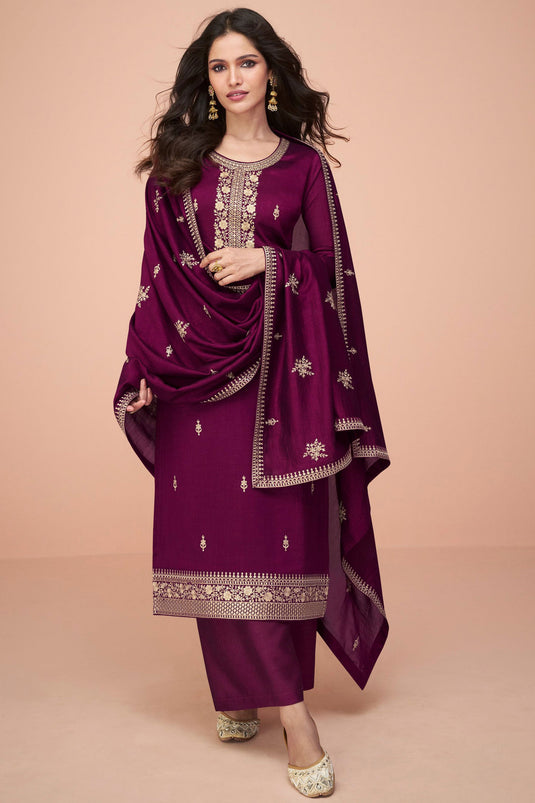 Vartika Singh Excellent Art Silk Fabric Wine Color Palazzo Suits With Embroidered Work