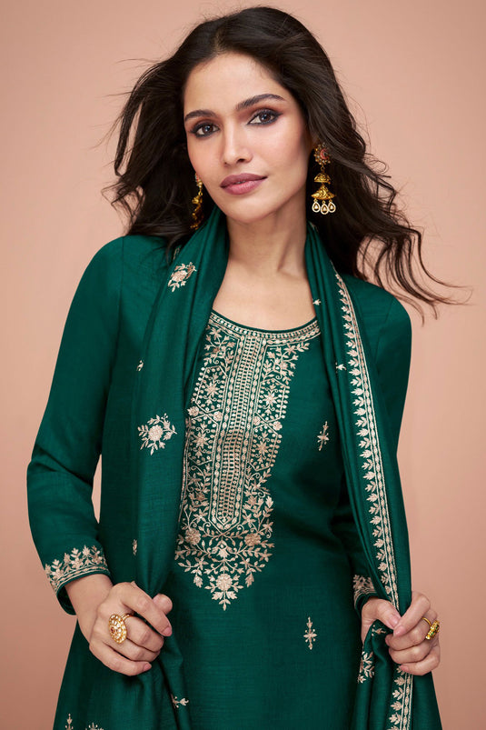 Vartika Singh Dark Green Color Embroidered Work On Art Silk Fabric Beatific Palazzo Suits