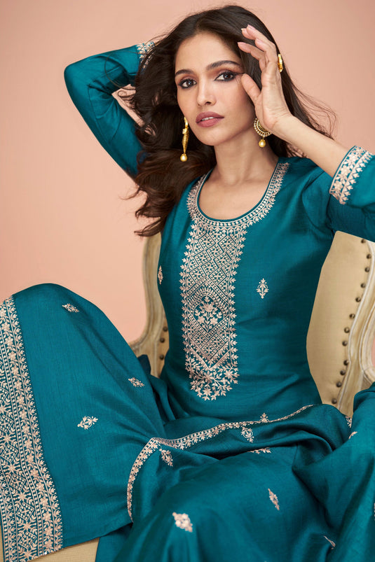 Vartika Singh Awesome Embroidered Work On Art Silk Fabric Teal Color Palazzo Suits