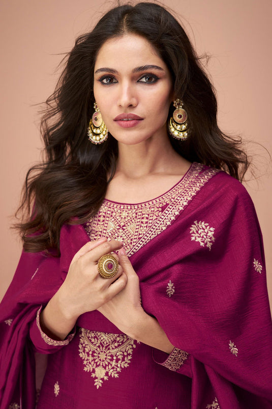 Vartika Singh Tempting Art Silk Fabric Magenta Color Palazzo Suits With Embroidered Work