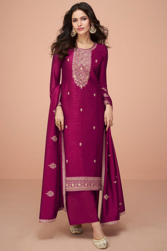 Vartika Singh Tempting Art Silk Fabric Magenta Color Palazzo Suits With Embroidered Work